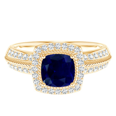 Vintage Style Twisted Wedding Ring Cushion Cut Blue Sapphire Bridal Ring in 9k Yellow Gold Ring