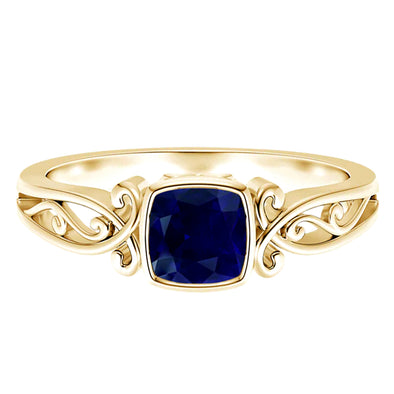 9k Yellow Gold Blue Sapphire Bezel Set Wedding Ring Vintage Cushion Cut Solitaire Ring