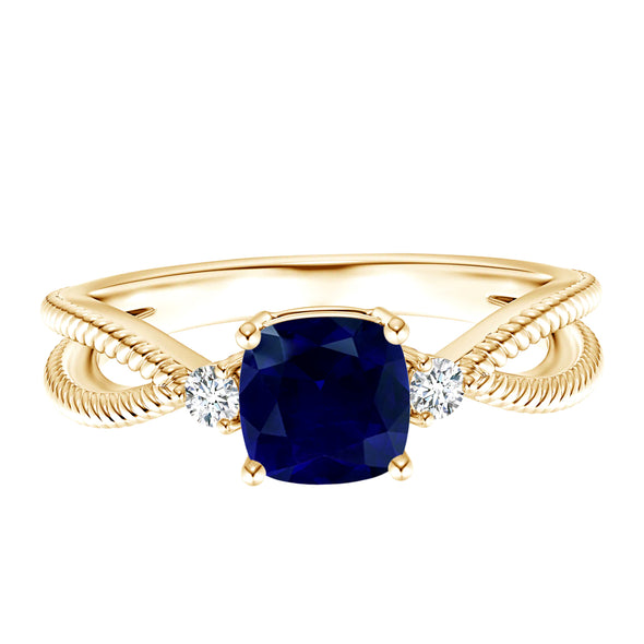 Cushion Shaped Blue Sapphire Split Shank Ring 9k Yellow Gold Stackable Wedding Ring For Women
