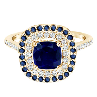 Cushion Cut Sapphire Double Halo Ring Unique 9k Yellow Gold Wedding Ring In Diamond Accents Ring