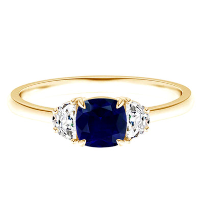 Cushion Shaped Blue Sapphire Dainty Ring And Three Stone Wedding Ring For Women 9k Yellow Gold Ring
