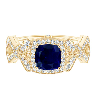 Vintage Style Cushion Shaped Blue Sapphire Split Shank Engagement Ring in 9k Yellow Gold Antique Bridal Ring