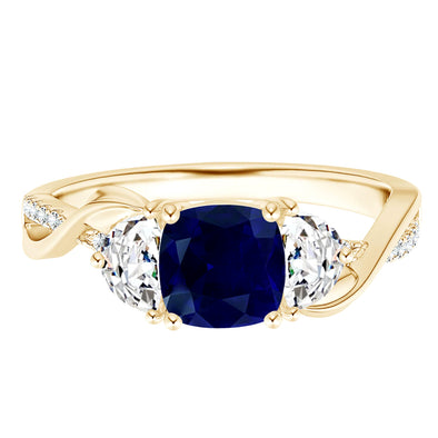 Cushion Shaped Blue Sapphire Diamond Wedding Ring in 9k Yellow Gold Engagement Ring