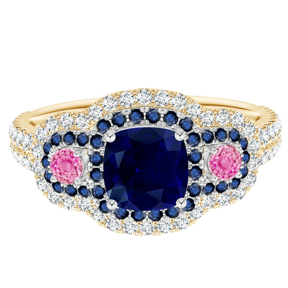 Blue & Pink Sapphire Three Stone Double Halo Wedding in 9k Yellow Gold Ring Two Tone Bridal Ring