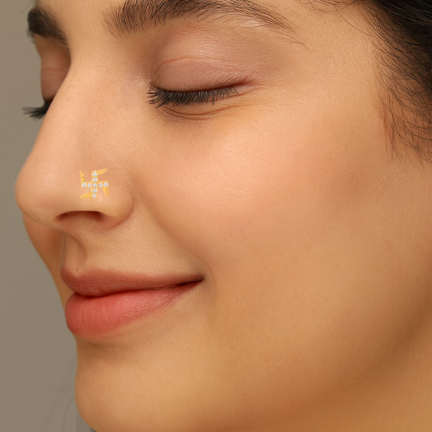 White CZ Swastik Symbol Nose Pin - Sterling Silver Gold Plated