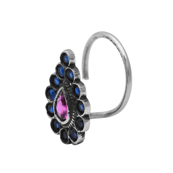 Pear Shaped Pink Blue Cz Oxidized Nose Pin Vintage Indian Traditional Nose Pin