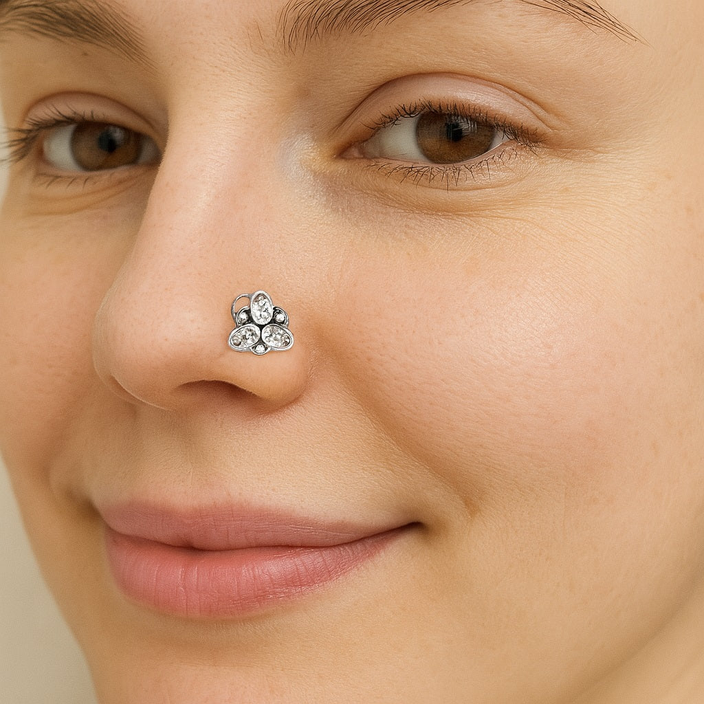 White Trio Gemstone Nose Pin – Sterling Silver