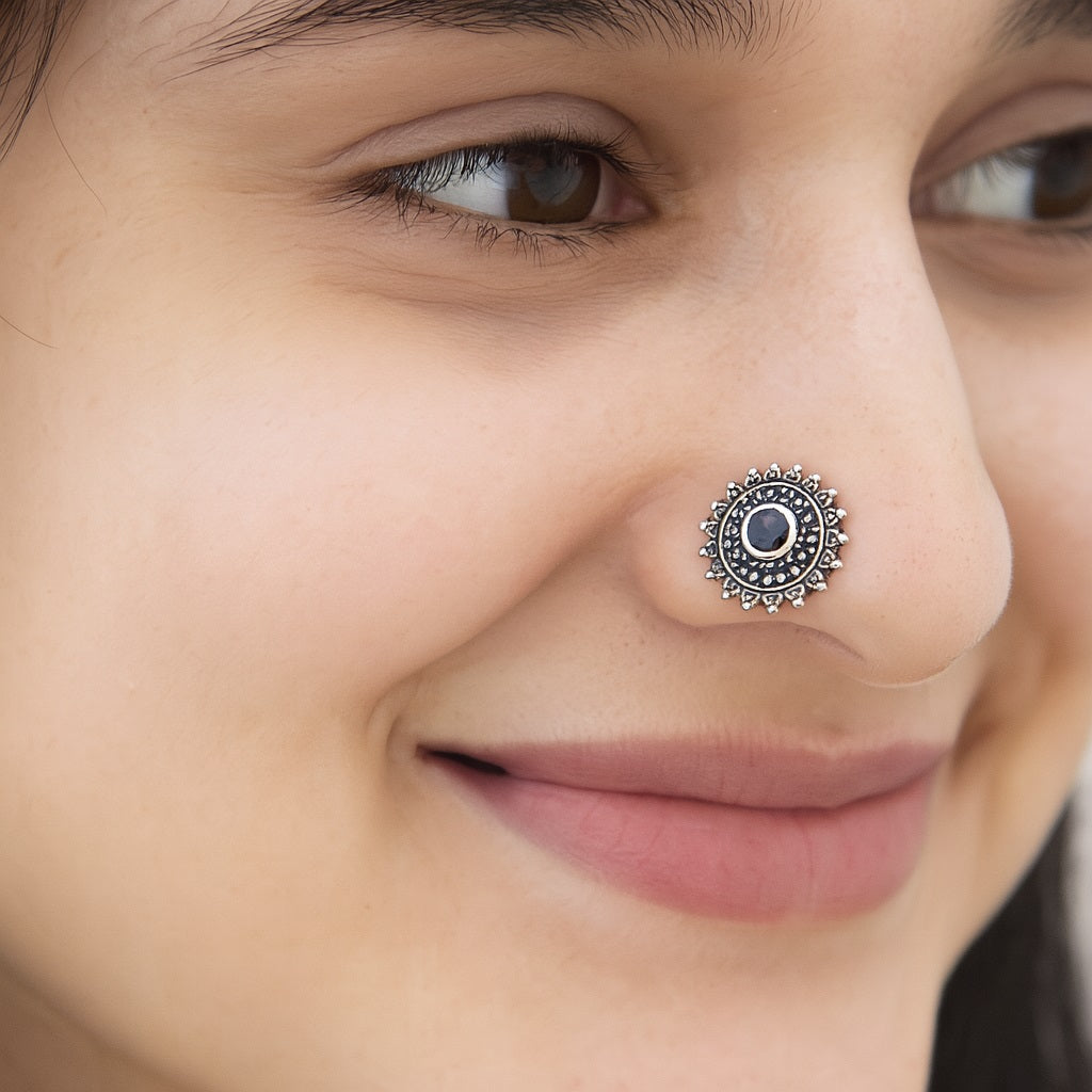 Blue Gemstone Round Sunburst Design Nose Pin - Sterling Silver