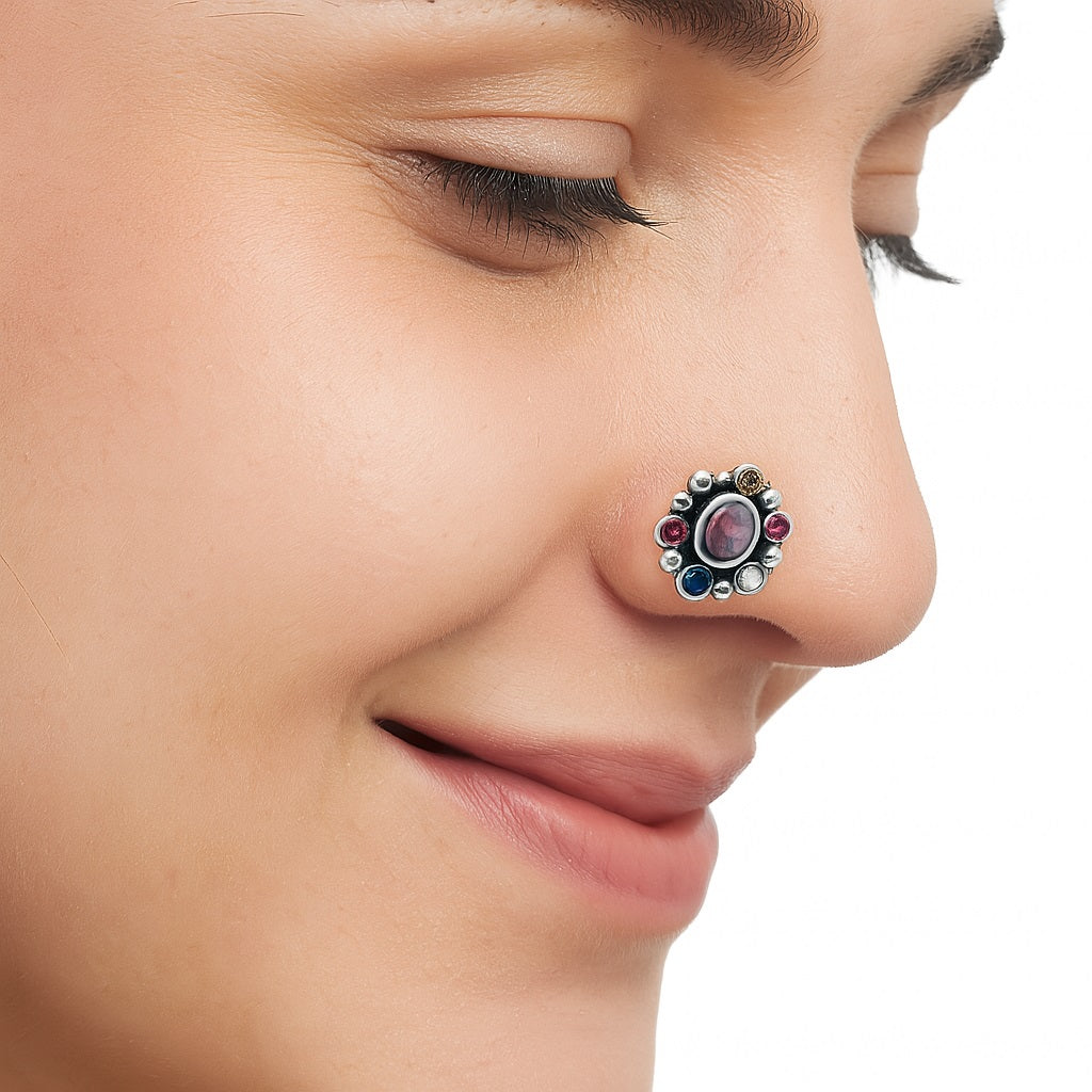 Navratna Oval Pink Nose Pin - Sterling Silver