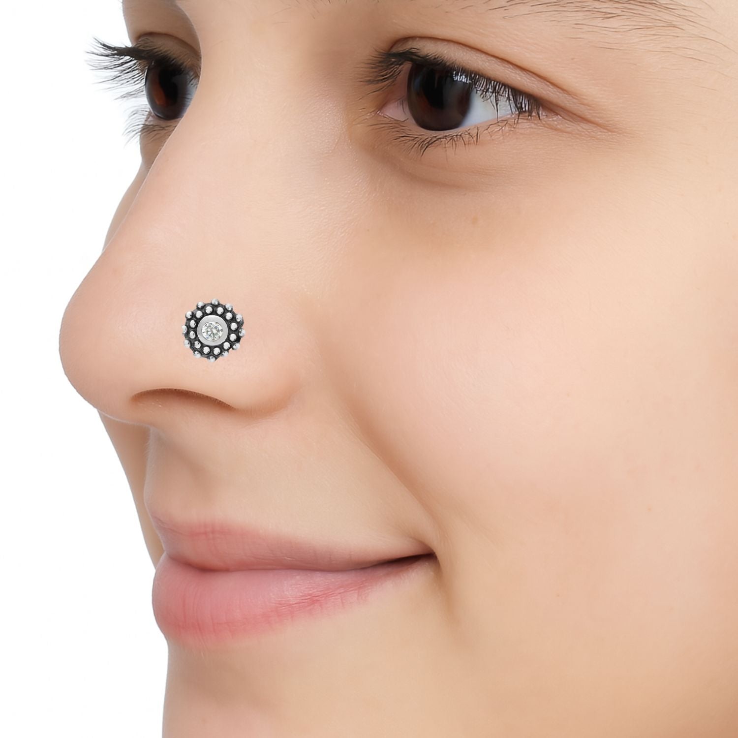 White Gemstone Tribal Dot Nose Pin - Sterling Silver