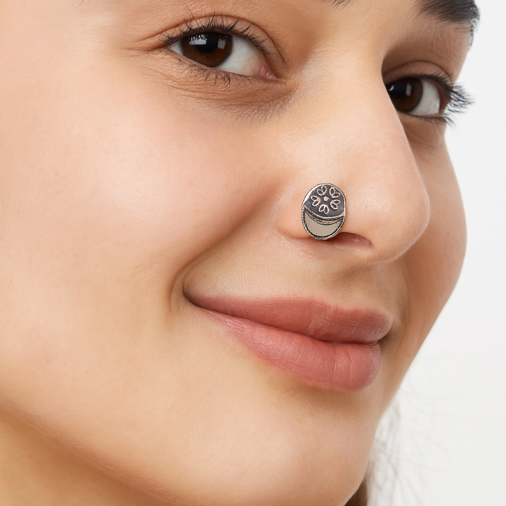 Oval Boho Motif Design Nose Pin - Sterling Silver