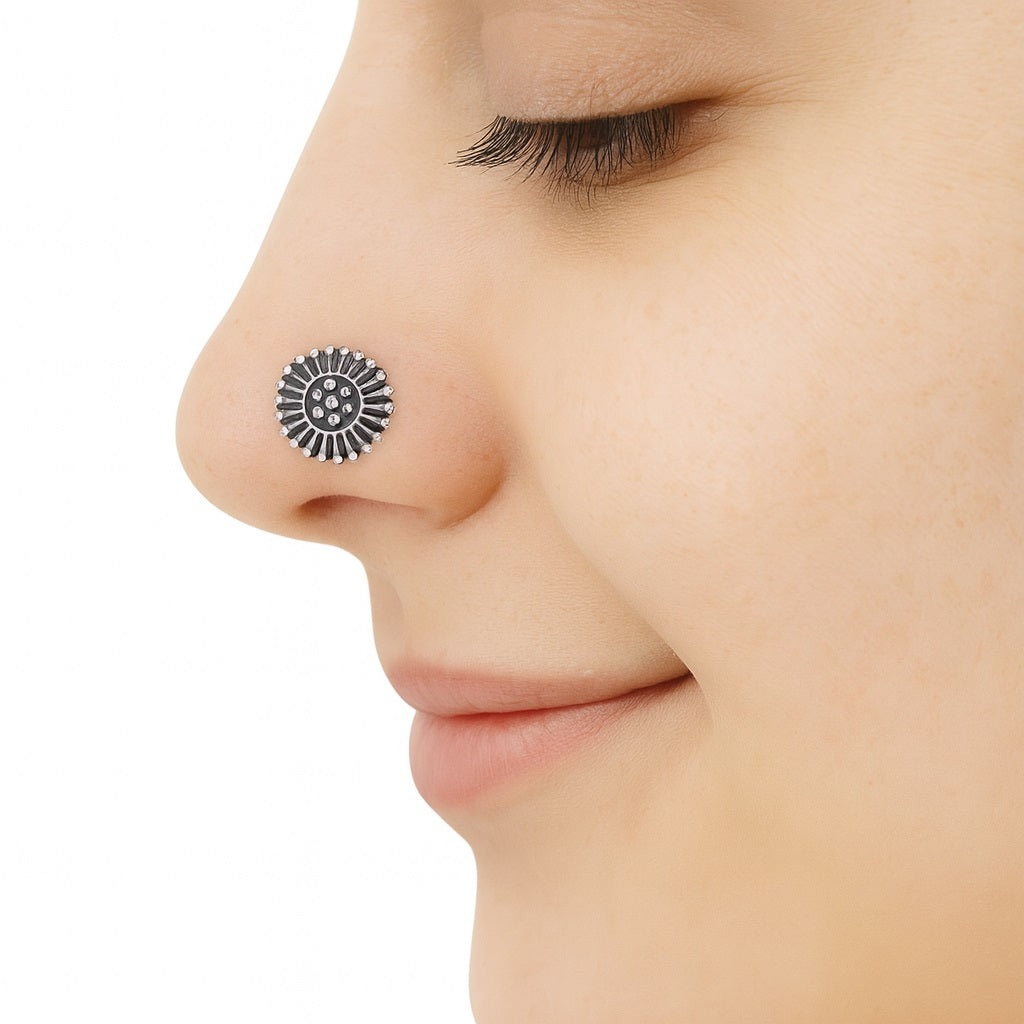 Sunburst Tribal Oxidized Nose Pin – Sterling Silver