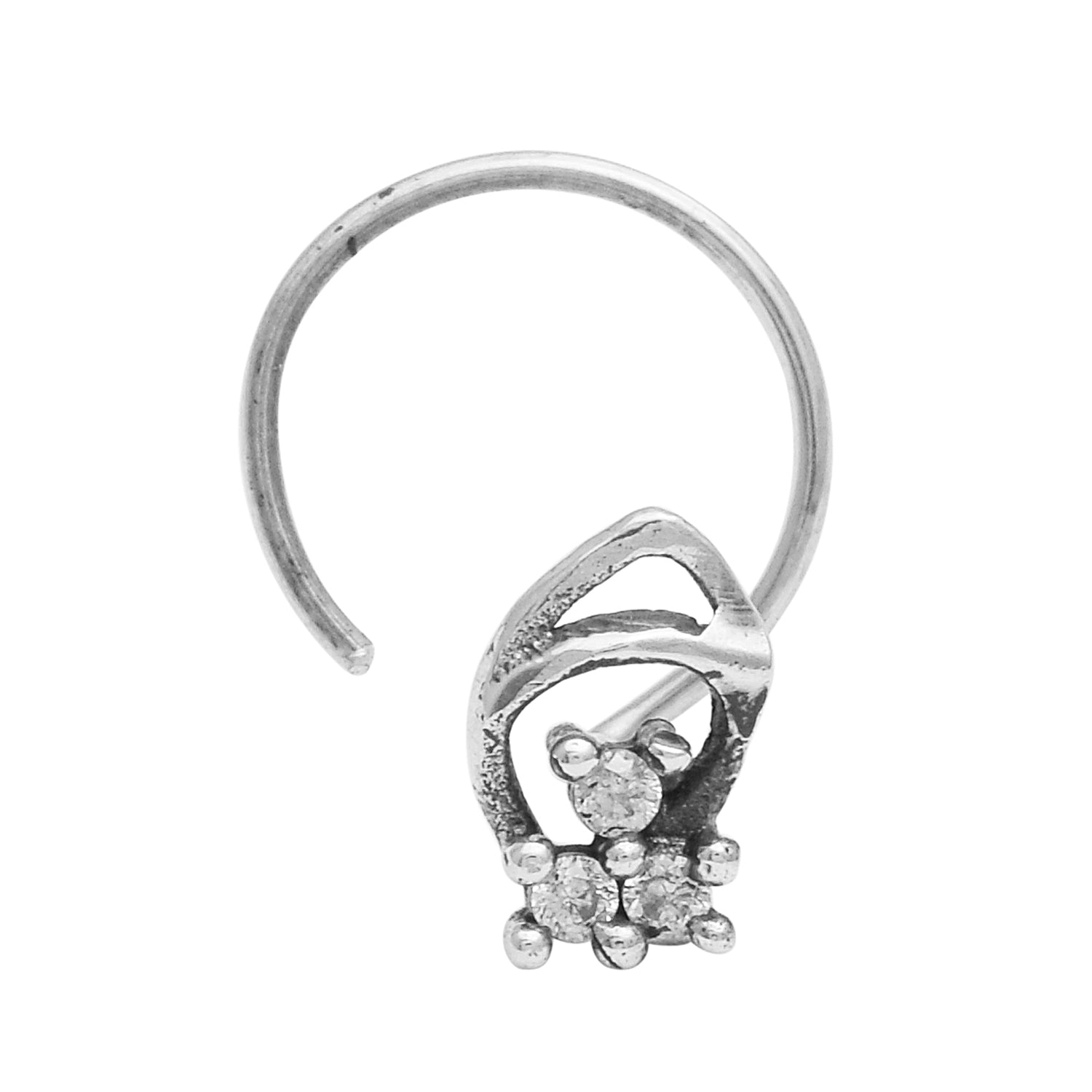 White Gemstone Leaf Design Nose Pin - Sterling Silver