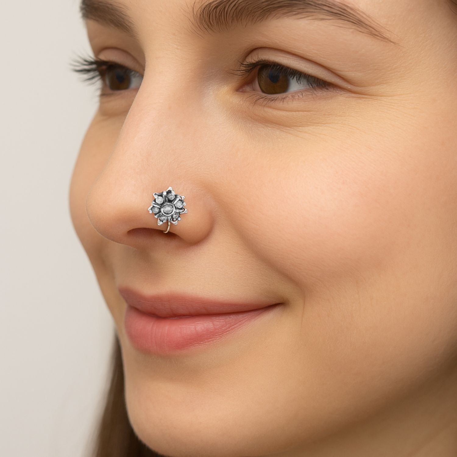 White Stone Floral Nose Pin - Sterling Silver