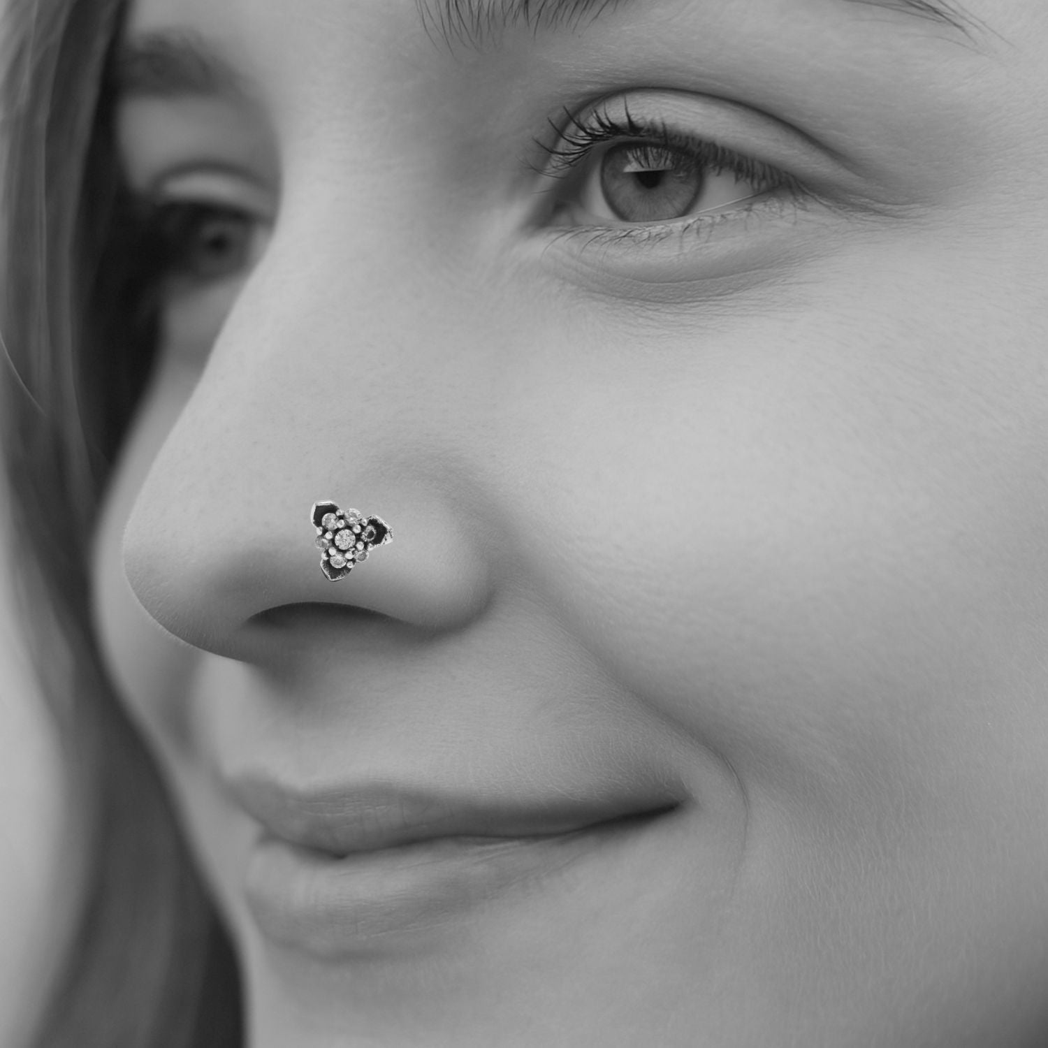 White Gemstone Tri-Cluster Nose Pin - Sterling Silver