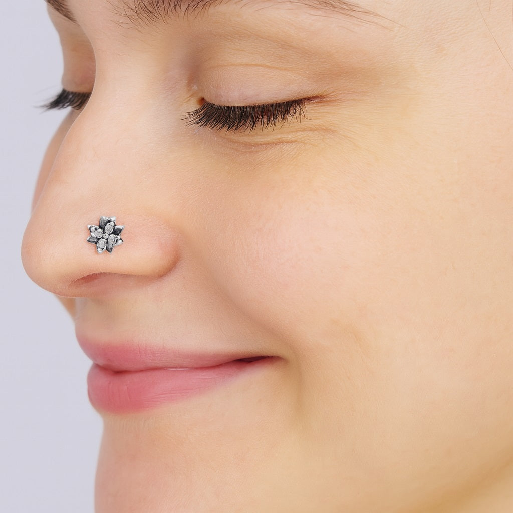 White Gemstone Floral Nose Pin - Sterling Silver