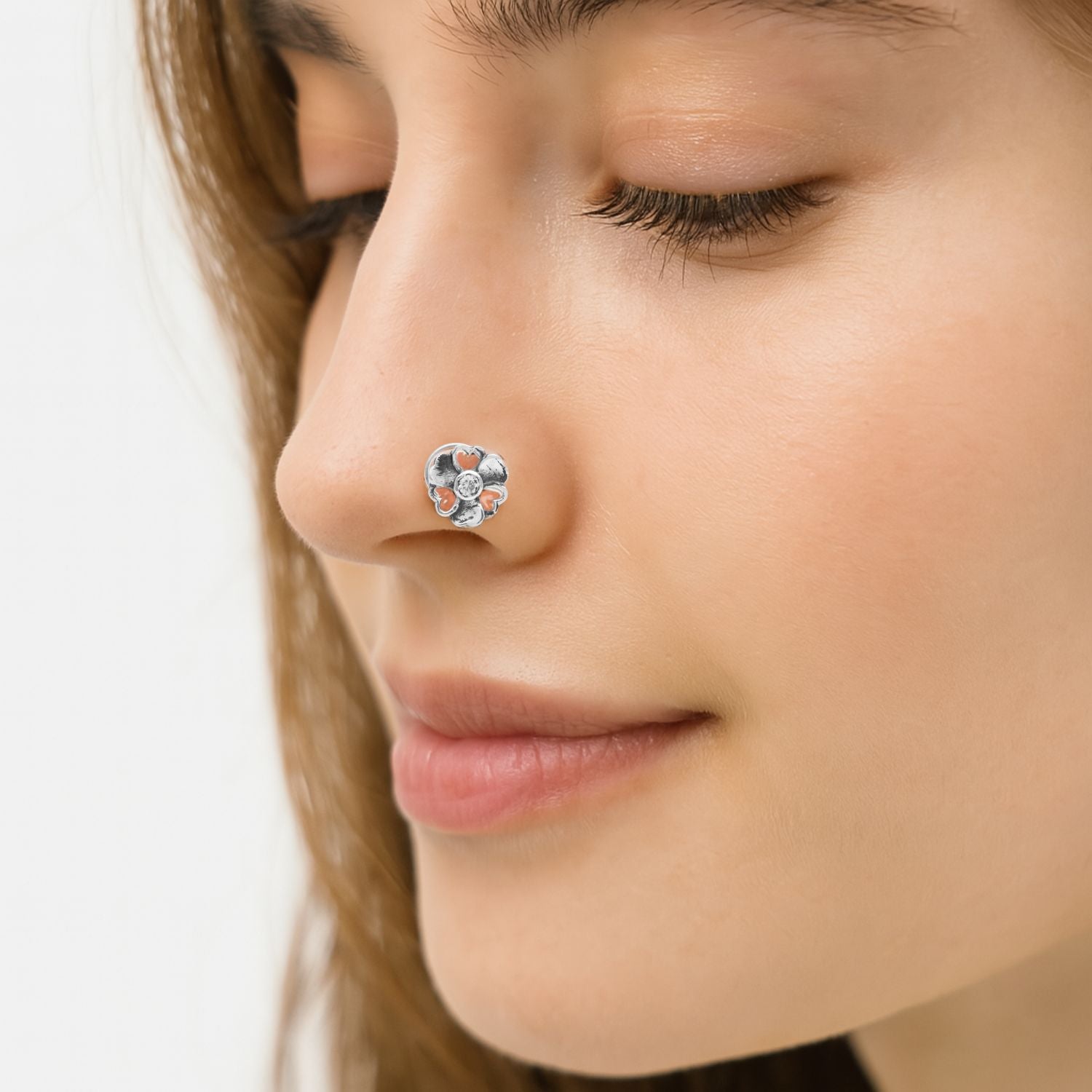 Floral Heart Nose Pin - Sterling Silver