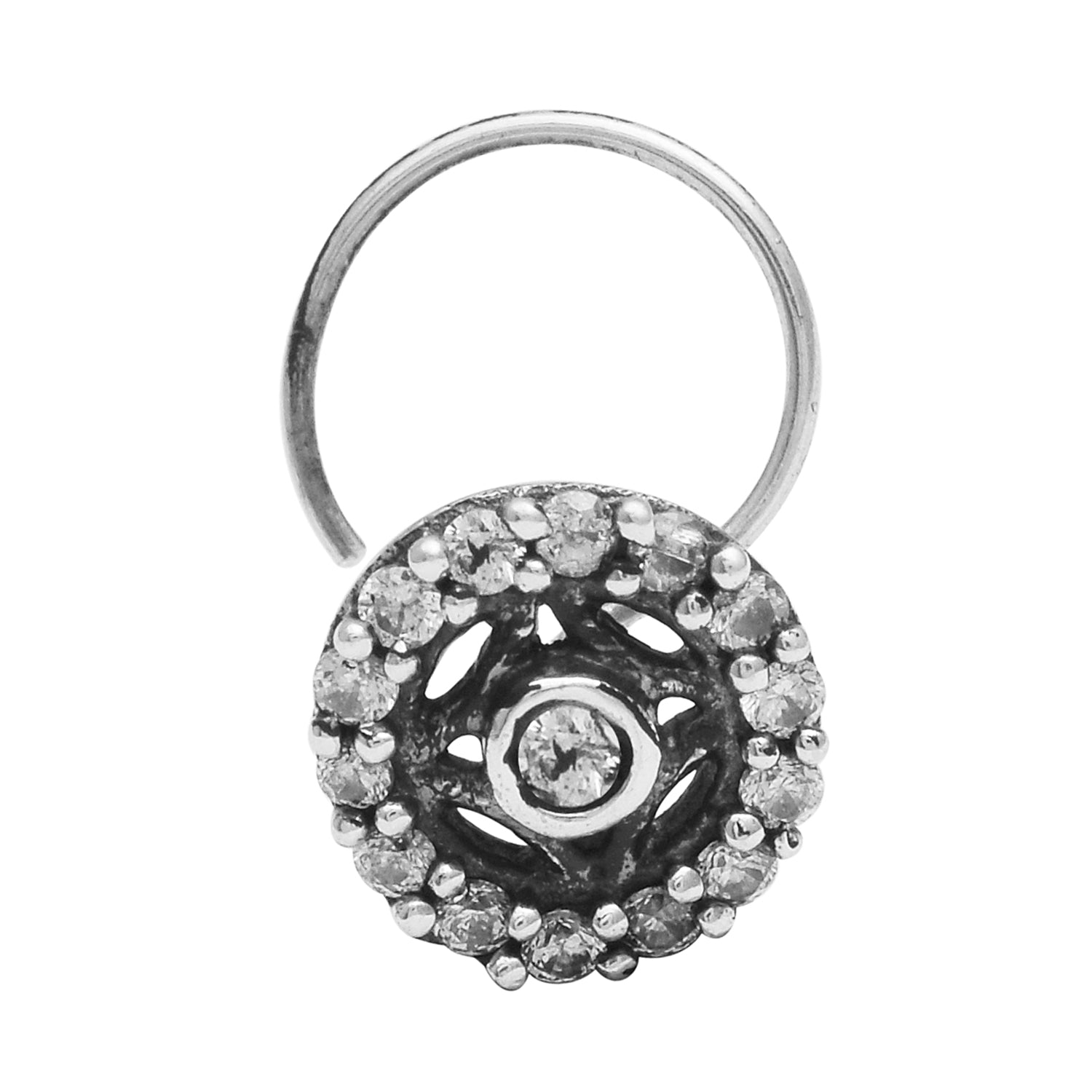 White Gemstone Halo Nose Pin - Sterling Silver