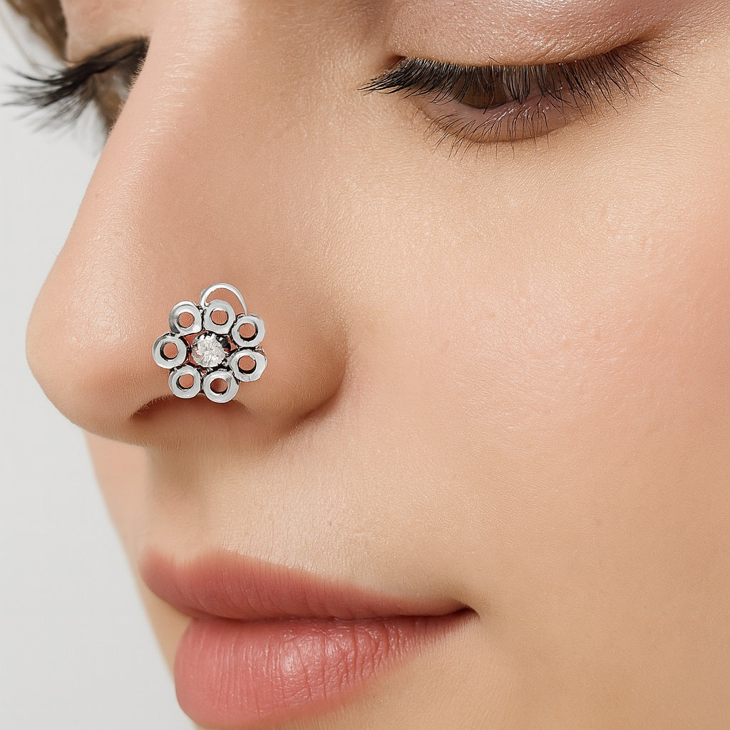 Oxidized Floral  Ethnic Flower Design Nose Pin