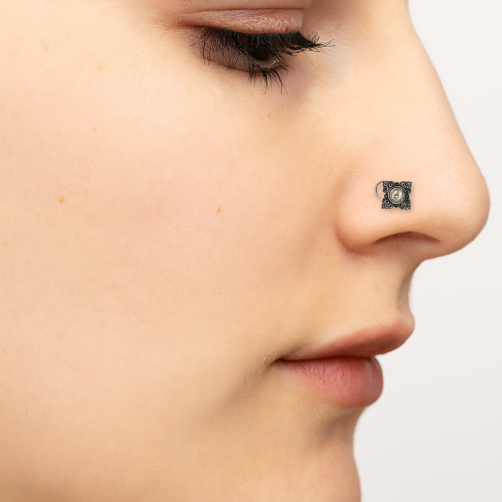 Square Vintage Floral Design Nose Pin - Sterling Silver