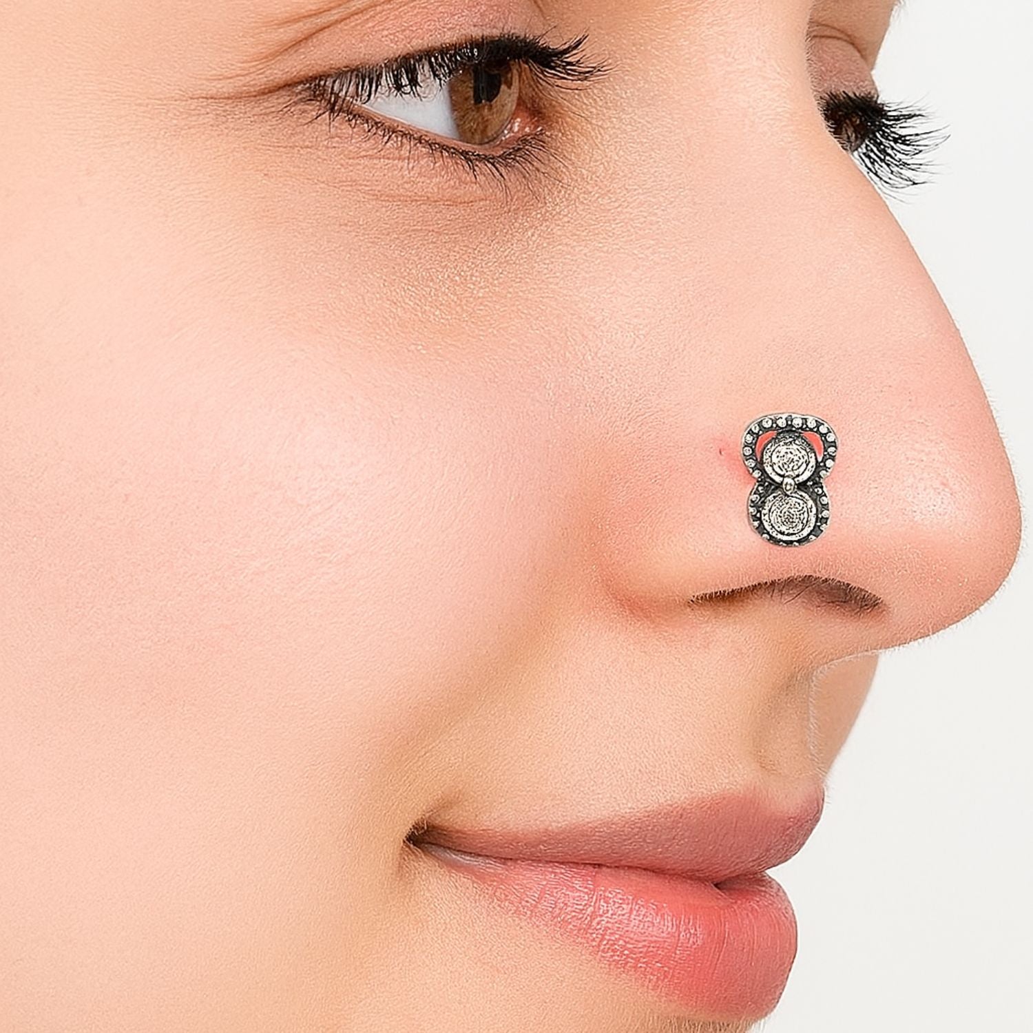 White Gemstone Dual Stone Nose Pin - Sterling  Silver