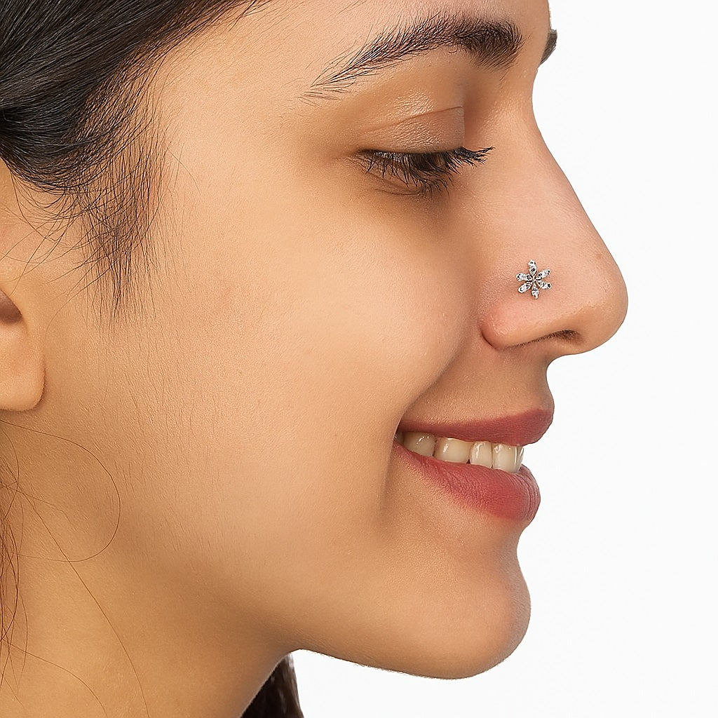 White Gemstone Floral Nose Pin Elegant Sparkle - Sterling Silver