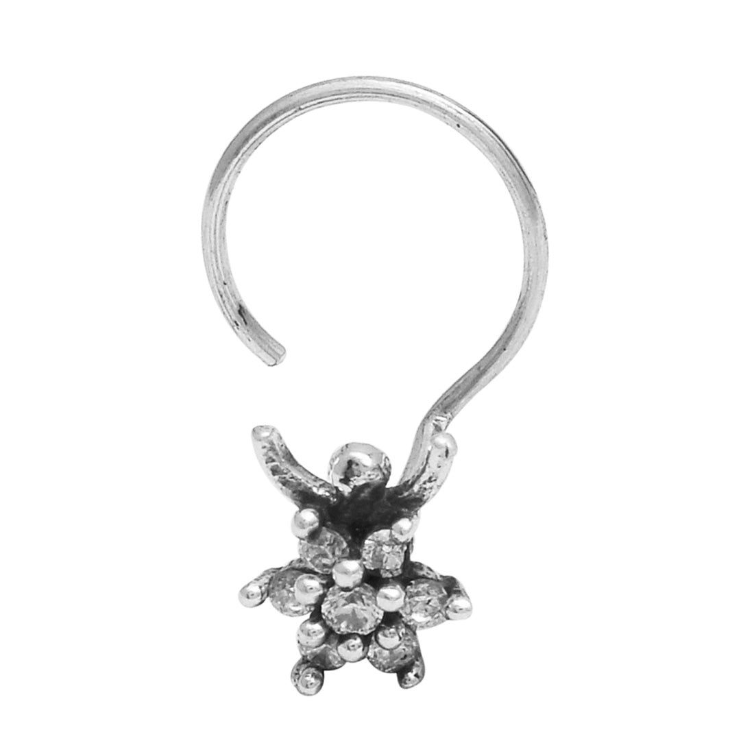 White Gemstone Floral Cluster Nose Pin - Sterling Silver