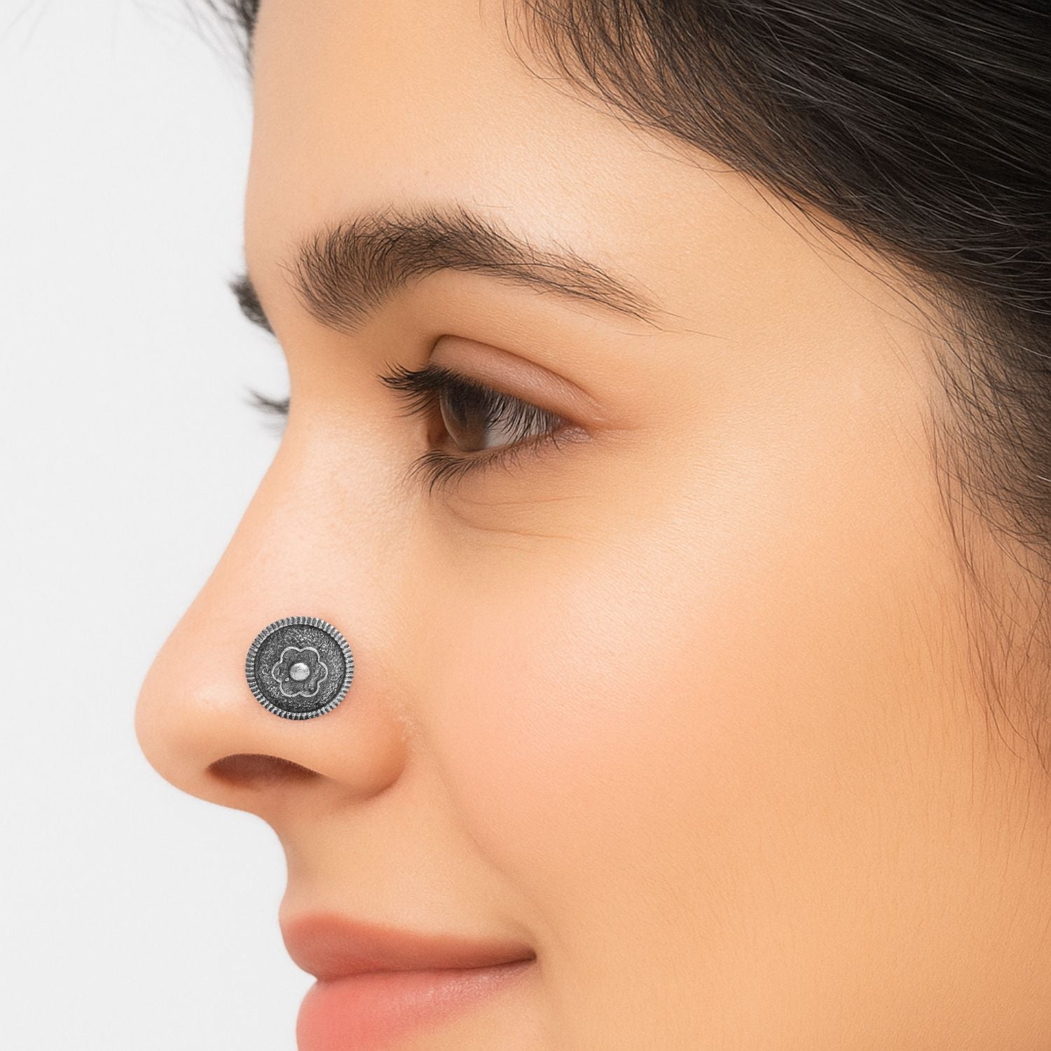 Oxidized Floral Nose Pin - Sterling Silver