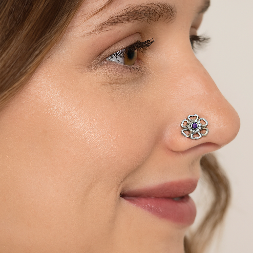 Pink Gemstone Floral Nose Pin - Sterling Silver