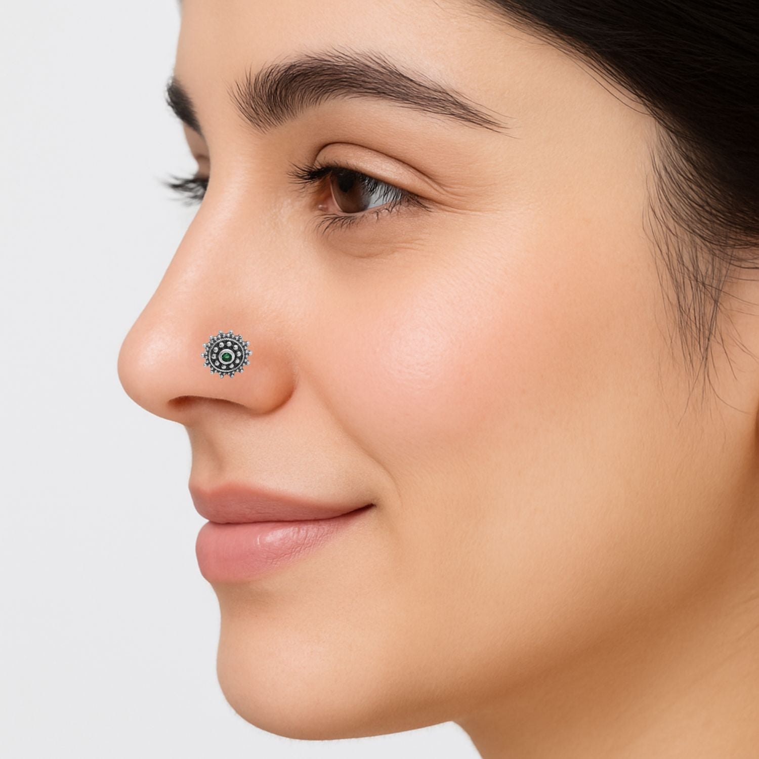 Green CZ Gemstone Nose Pin - Sterling Silver