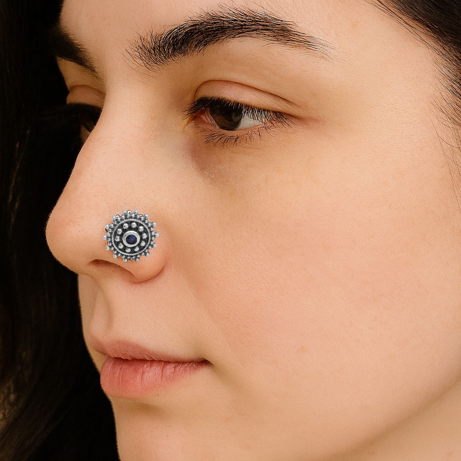 Blue Gemstone Nose Pin - Sterling Silver