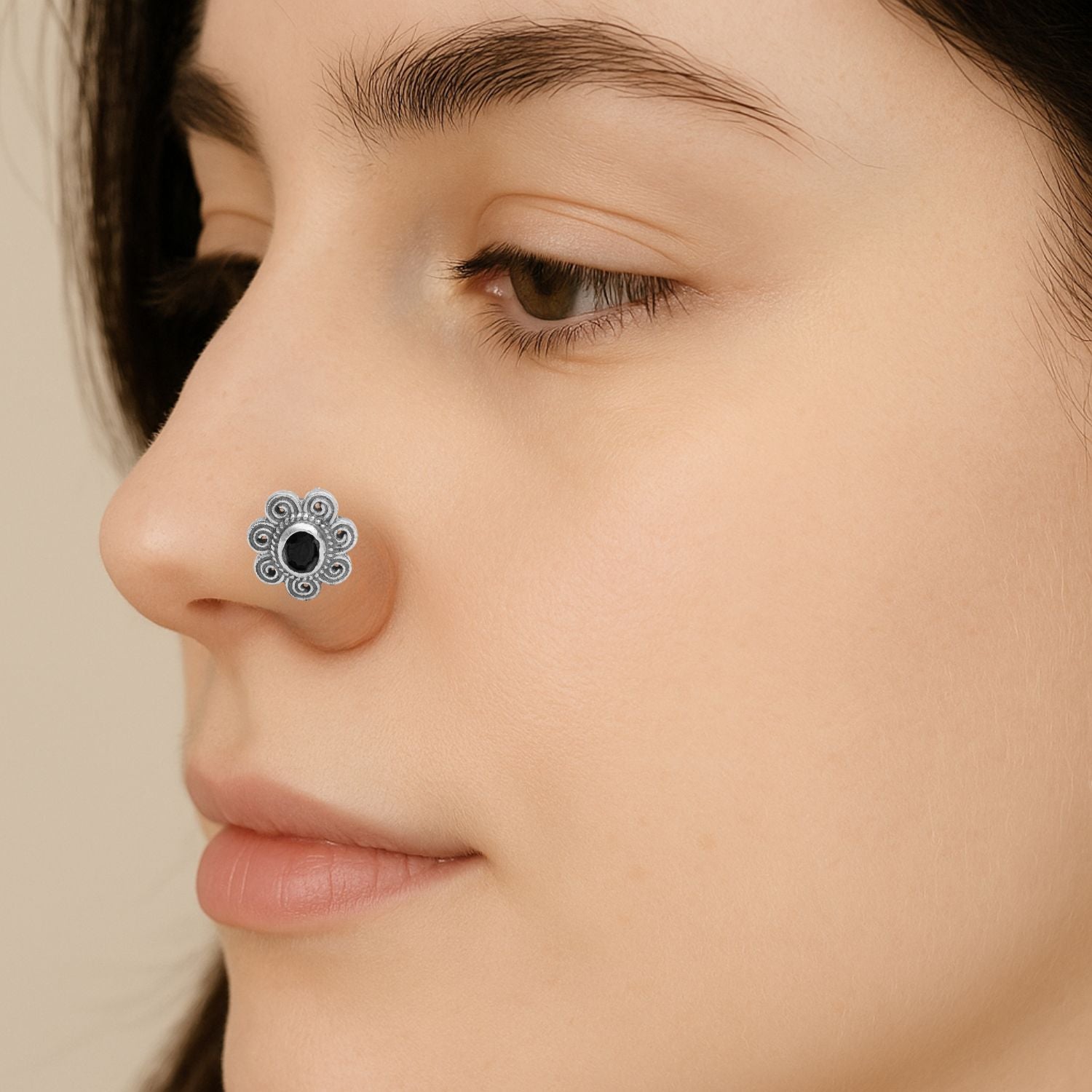Black Gemstone Floral Nose Pin - Sterling Silver