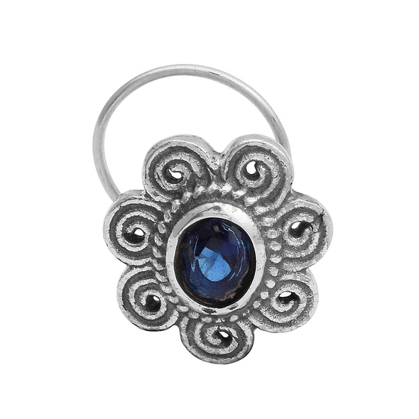 925 Sterling Silver Blue Gemstone Oxidized Nose Pin Vintage Traditional Nose Pin For Women