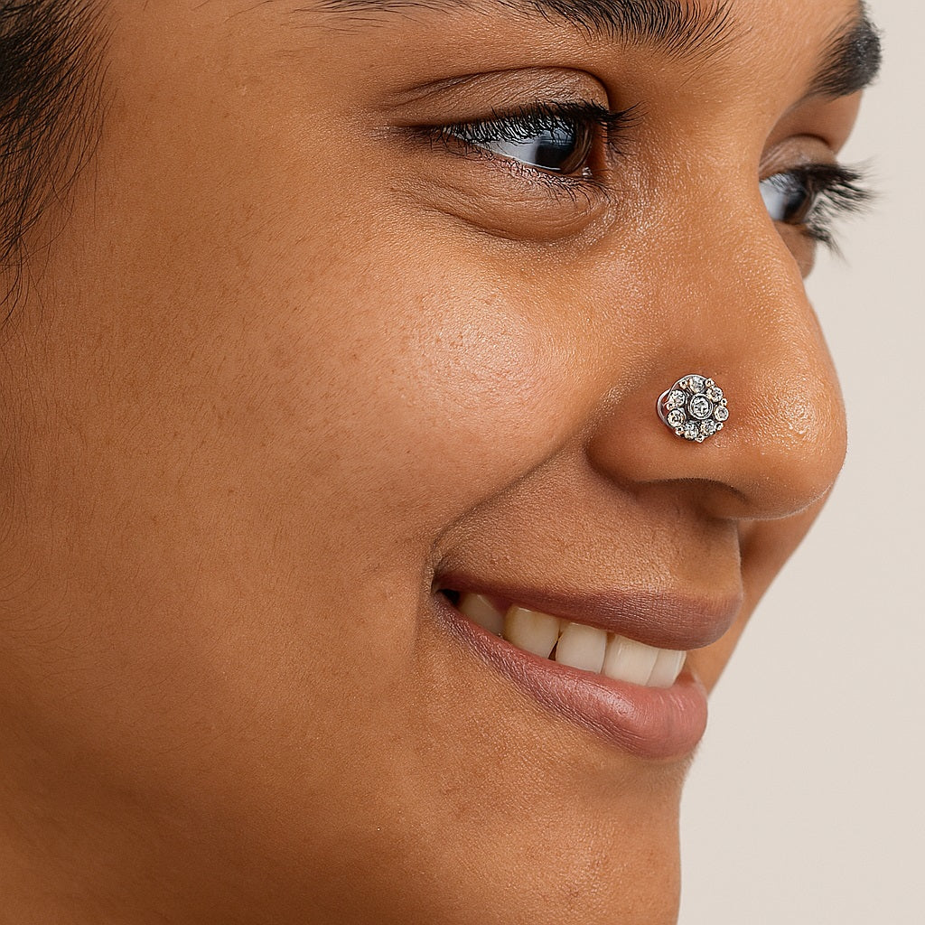 Floral Cluster Design Clear Stone Nose Pin - Sterling Silver