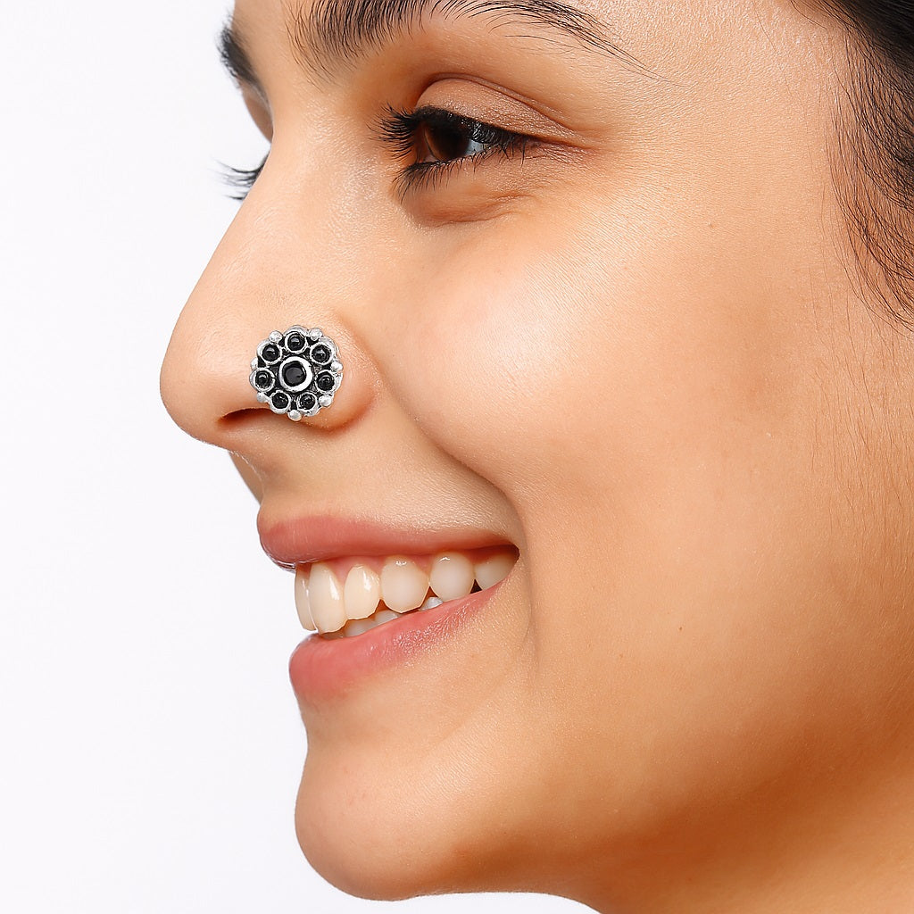 Floral Cluster Design Black Stone Nose Pin - Sterling Silver