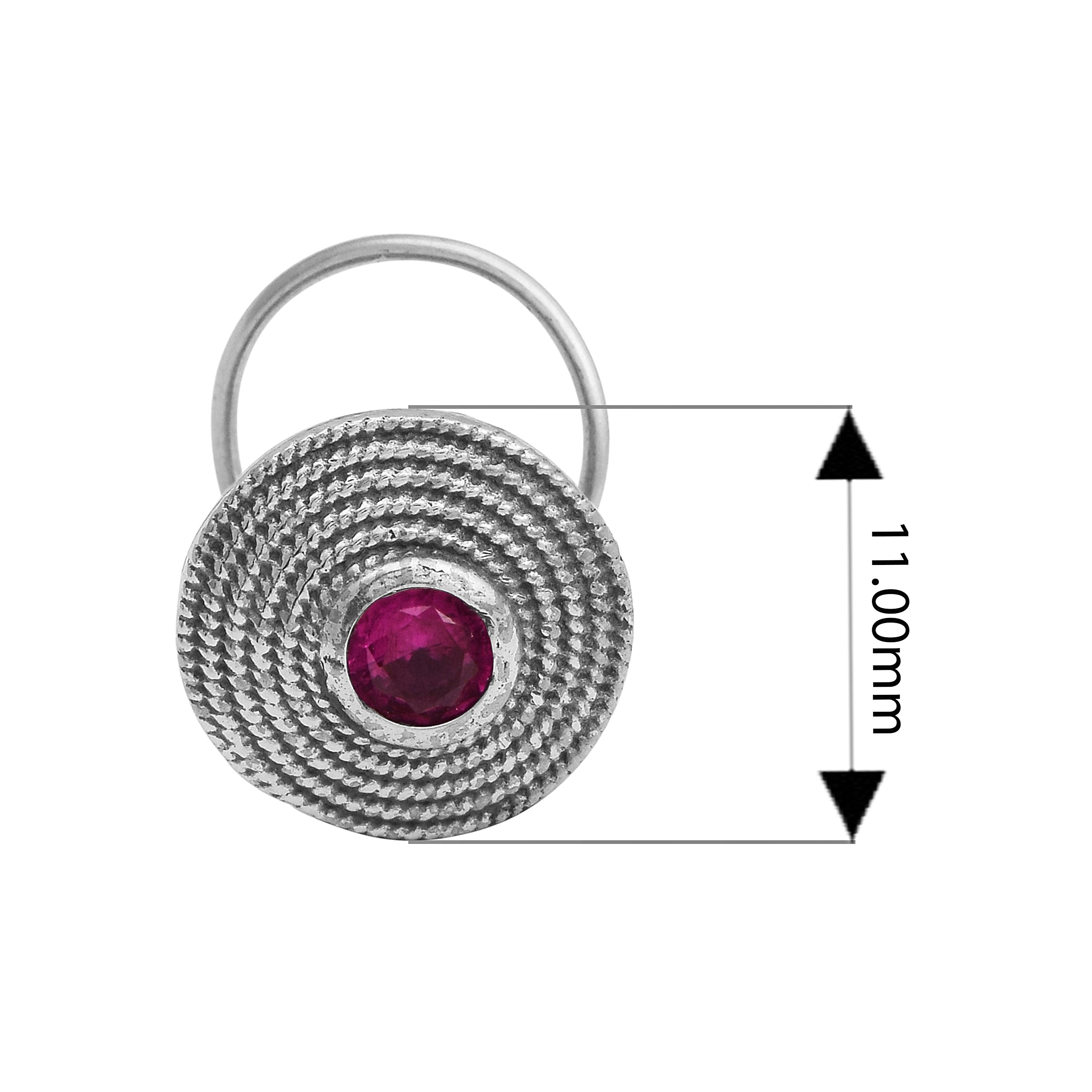 Textured Round Red Gemstone Nose Pin - Sterling Silver
