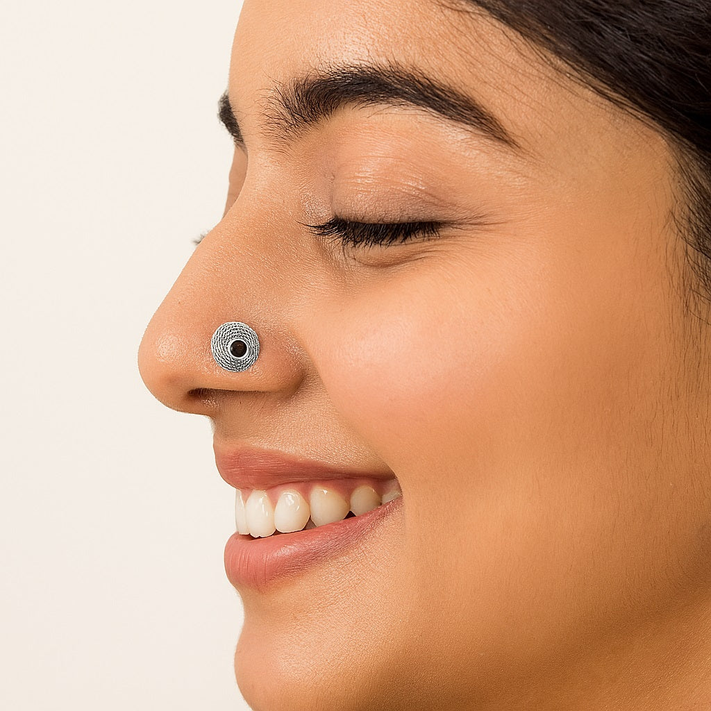 Textured Round Black Gemstone Nose Pin - Sterling Silver