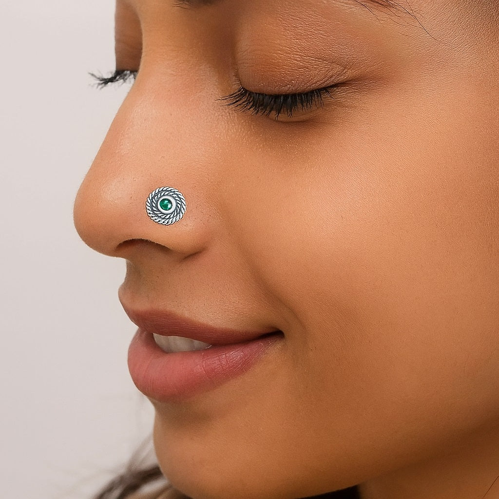 Spiral Design Green Gemstone Accent Nose Pin - Sterling Silver