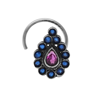 Pear Shaped Pink Blue Cz Oxidized Nose Pin Vintage Indian Traditional Nose Pin