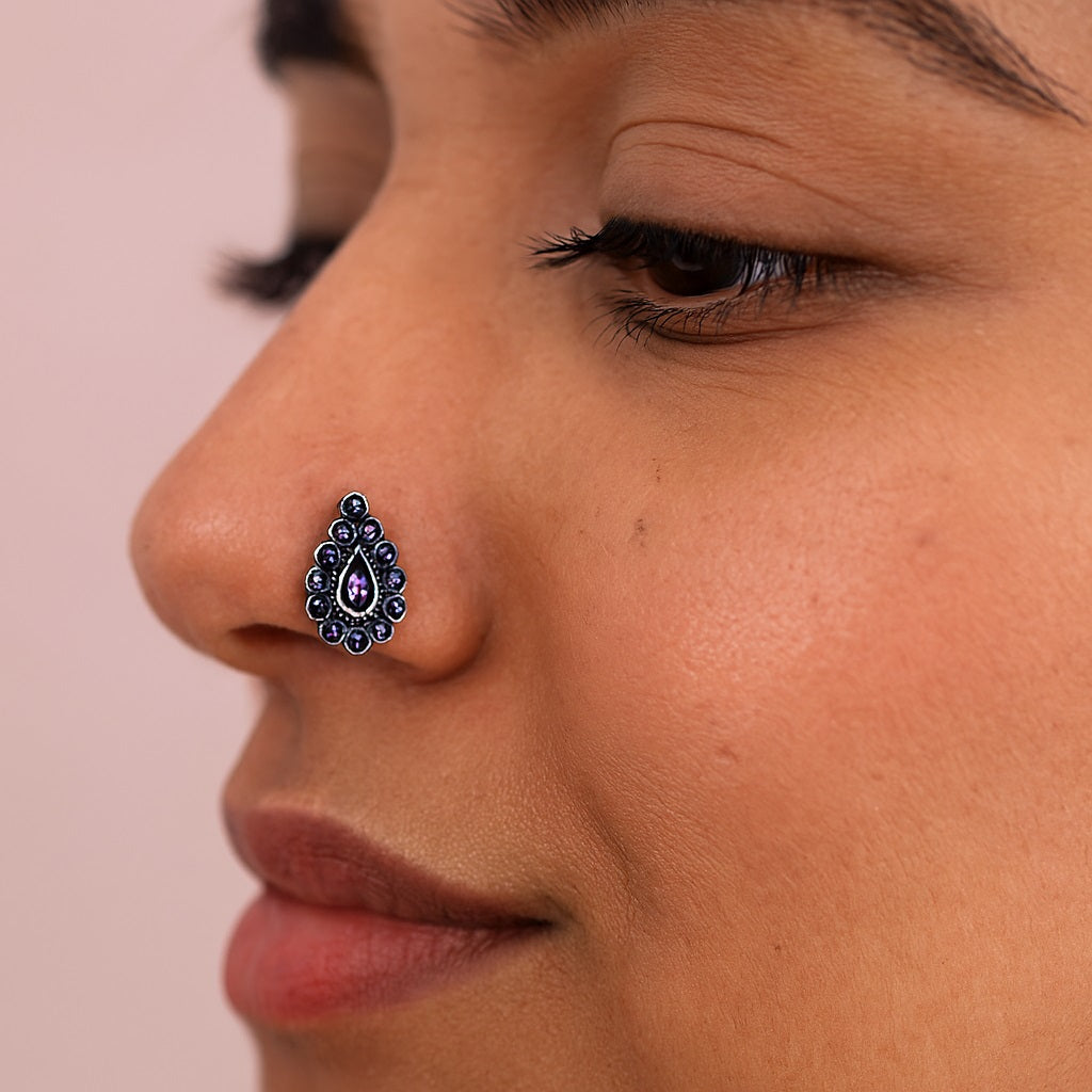 Ethnic Tribal Design Pink & Blue Stones Nose Pin – Sterling Silver