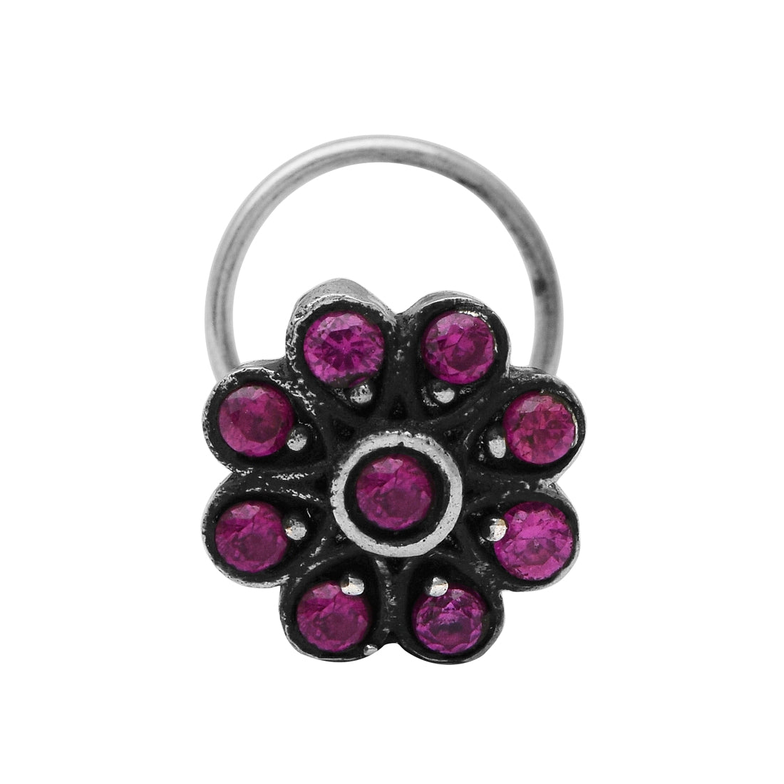 Traditional Navratna Pink Stone Nose Pin - Sterling Silver