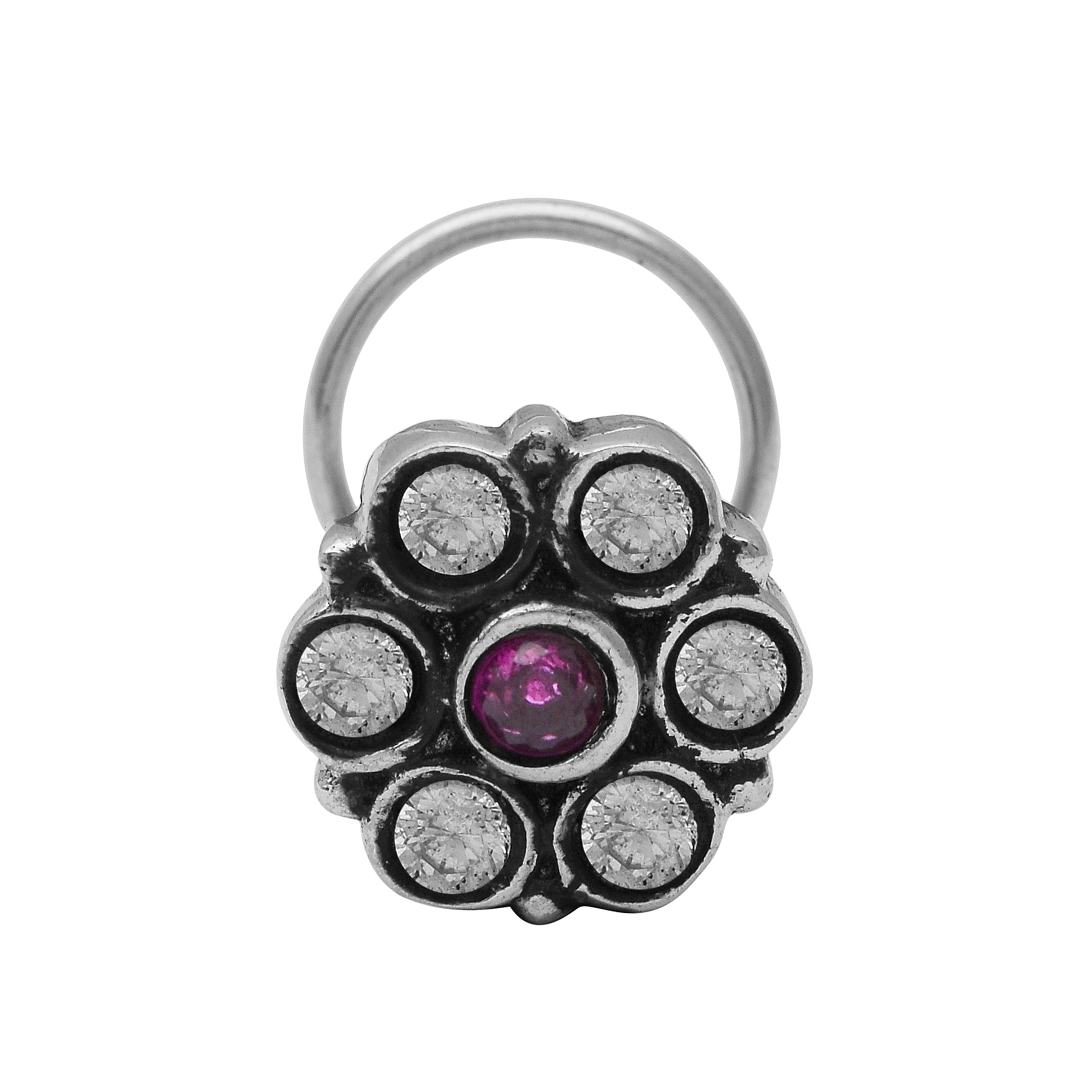 Traditional Navratna Pink & White Stone Nose Pin - Sterling Silver
