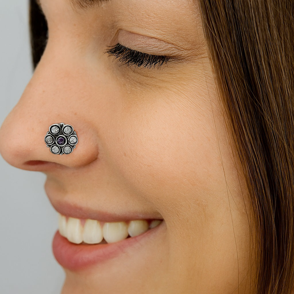 Traditional Navratna Pink & White Stone Nose Pin - Sterling Silver