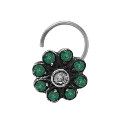 Oxidized Silver Plated Nose Pin For Women Green Gemstone Vintage Traditional Nose Pin