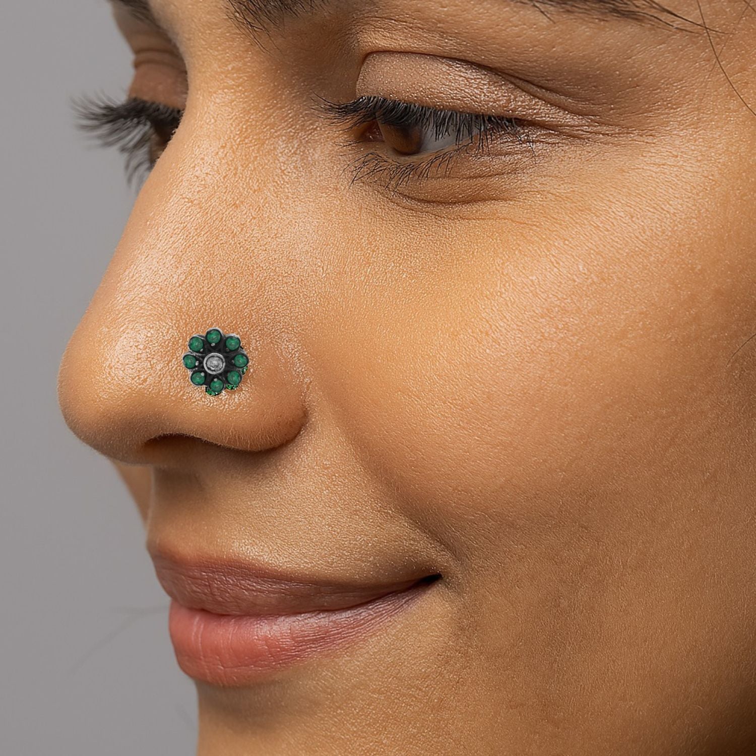 Traditional Navratna Green & White Stone Nose Pin - Sterling Silver