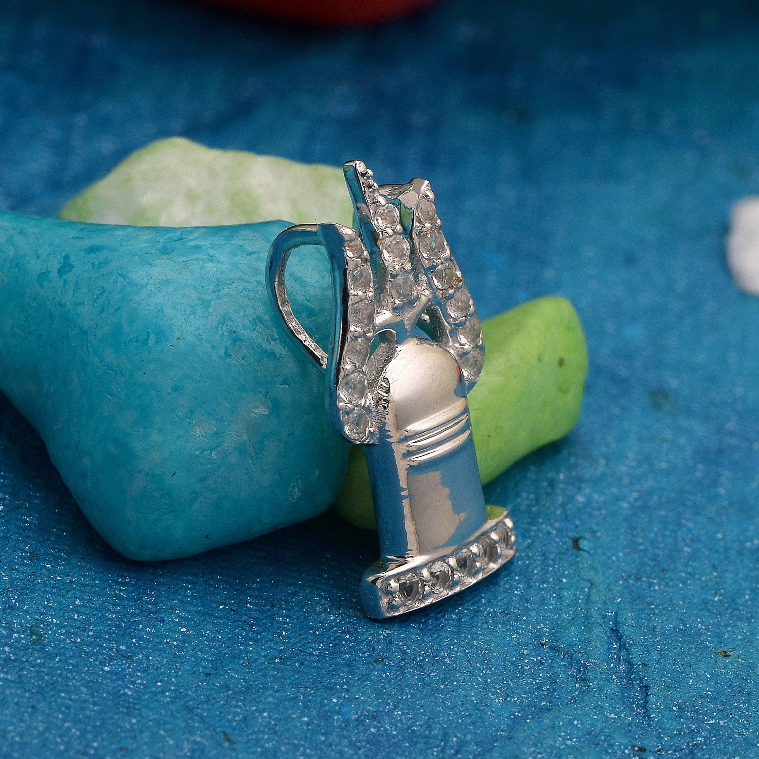 White CZ Shivling Trishul Pendant - Sterling Silver