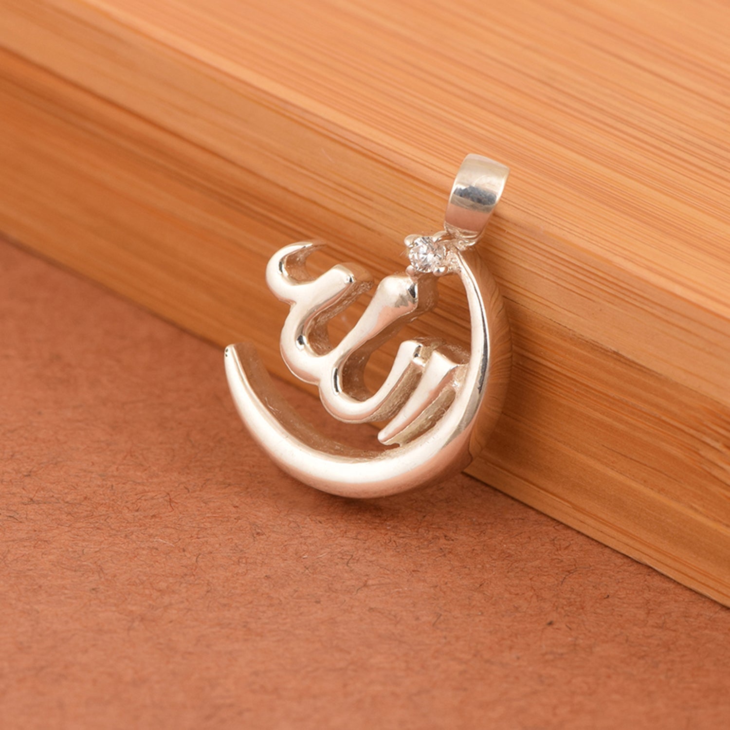 White CZ Allah Crescent Pendant - Sterling Silver