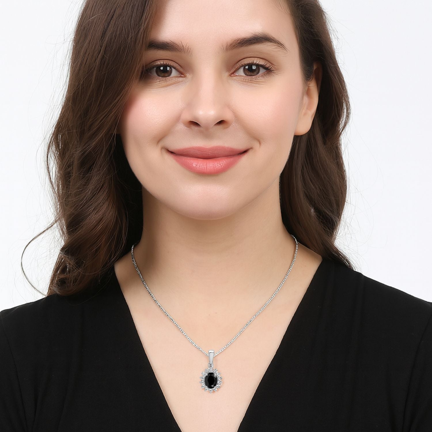 Multi Stone Oval Halo Pendnat - Sterling Silver