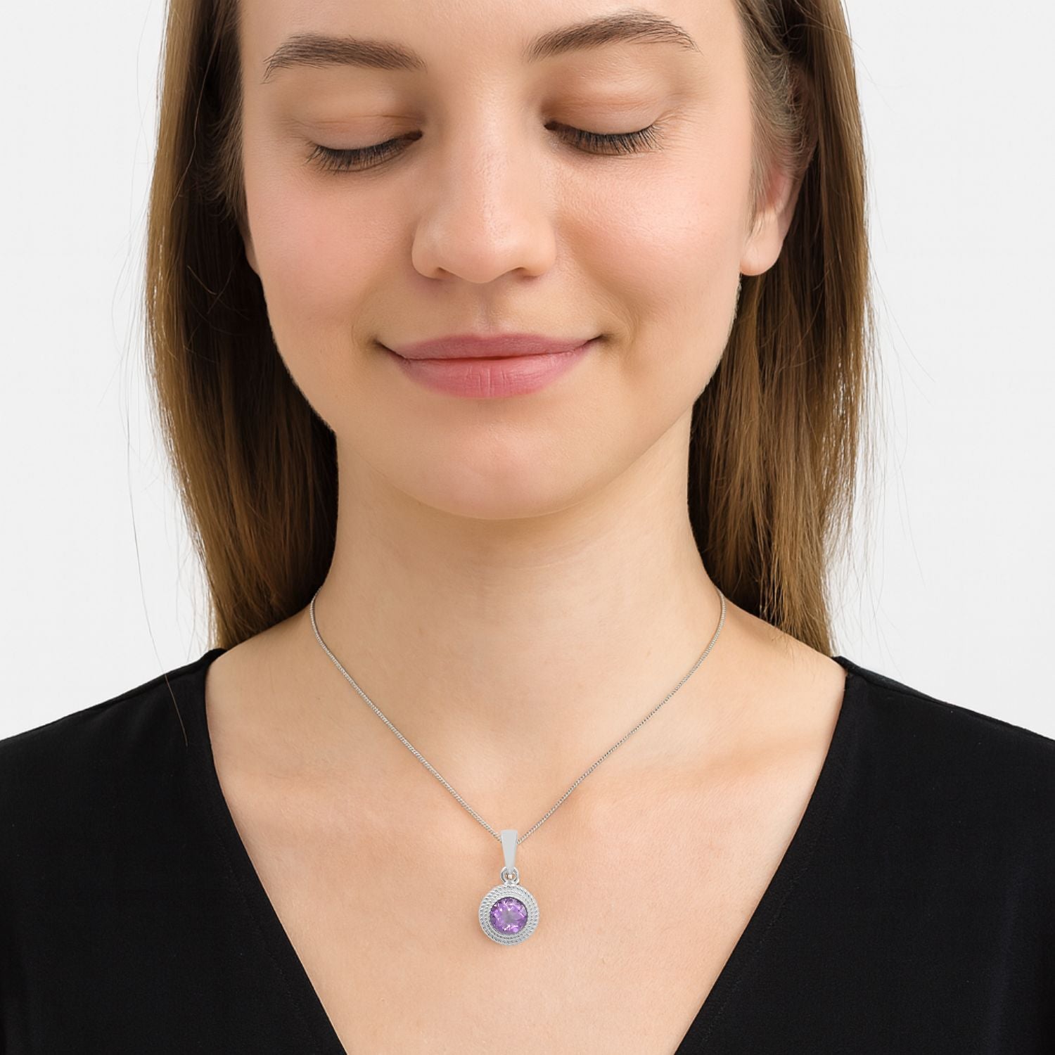 Multi Stone Textured Bezel Round Pendant – Sterling Silver