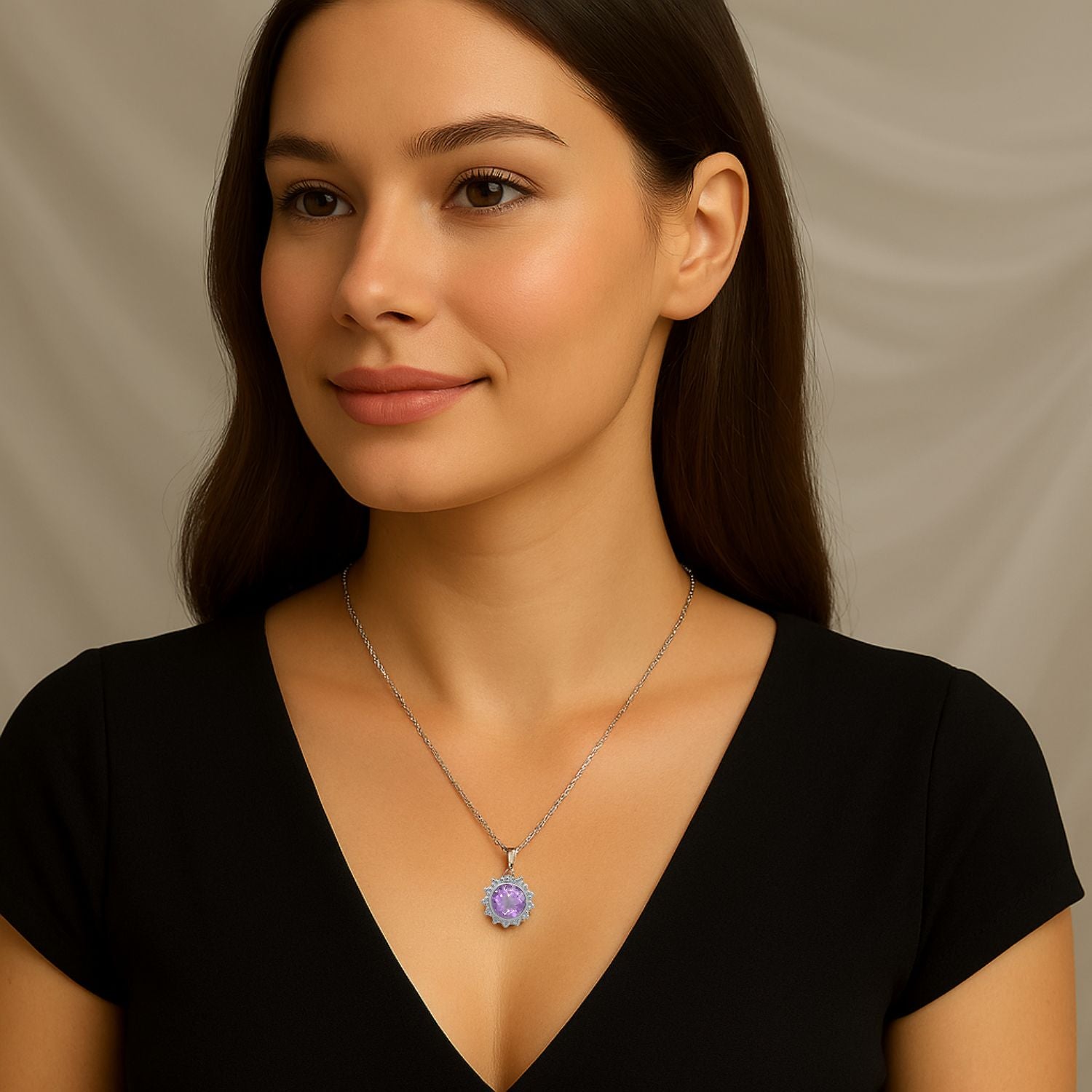 Multi Stone Sunburst Round Pendant - Sterling Silver